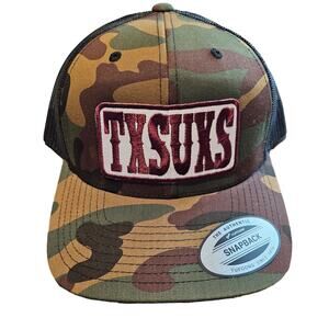 Texas Sucks Camo Snapback Trucker Hat TXSUXS Embroidered Boomer Sooner OU